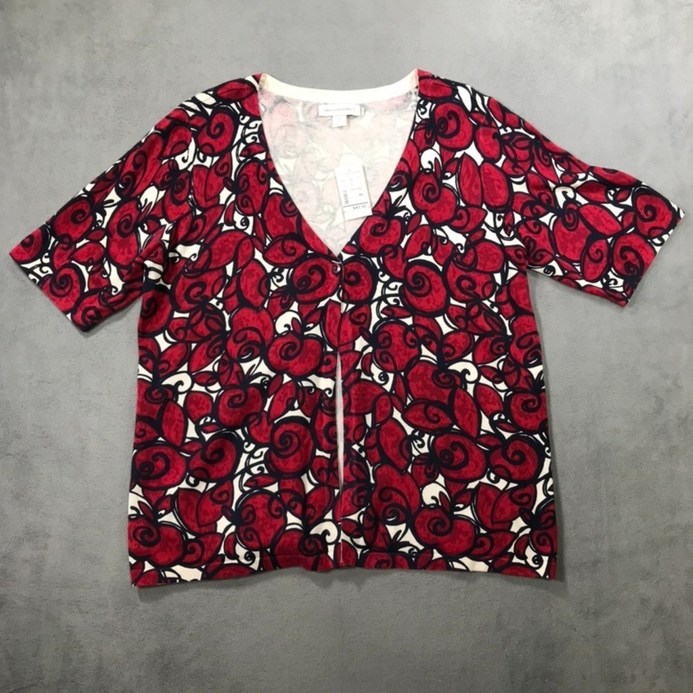 Christopher & Banks Short Sleeve Cardigan Sweater Womens XL Red Floral NEW